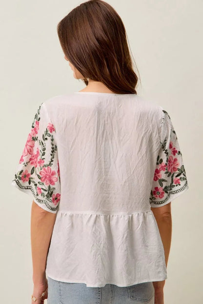 SO ME Floral Embroidered V Neck Boho Blouse Top - Bitsy Gypsy Boutique