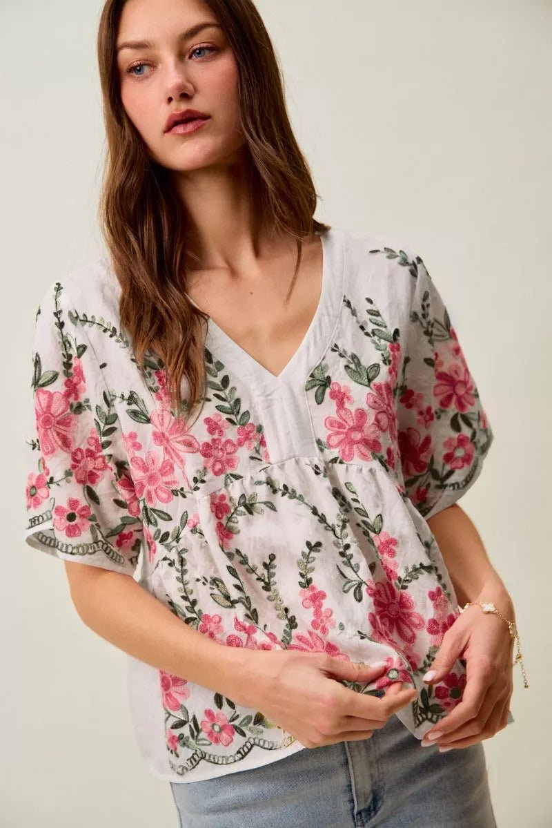 SO ME Floral Embroidered V Neck Boho Blouse Top - Bitsy Gypsy Boutique