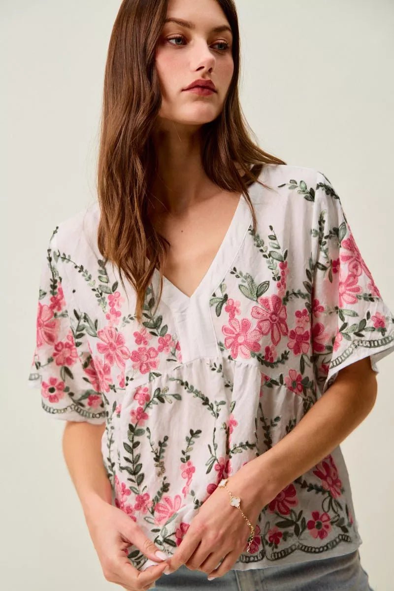 SO ME Floral Embroidered V Neck Boho Blouse Top - Bitsy Gypsy Boutique
