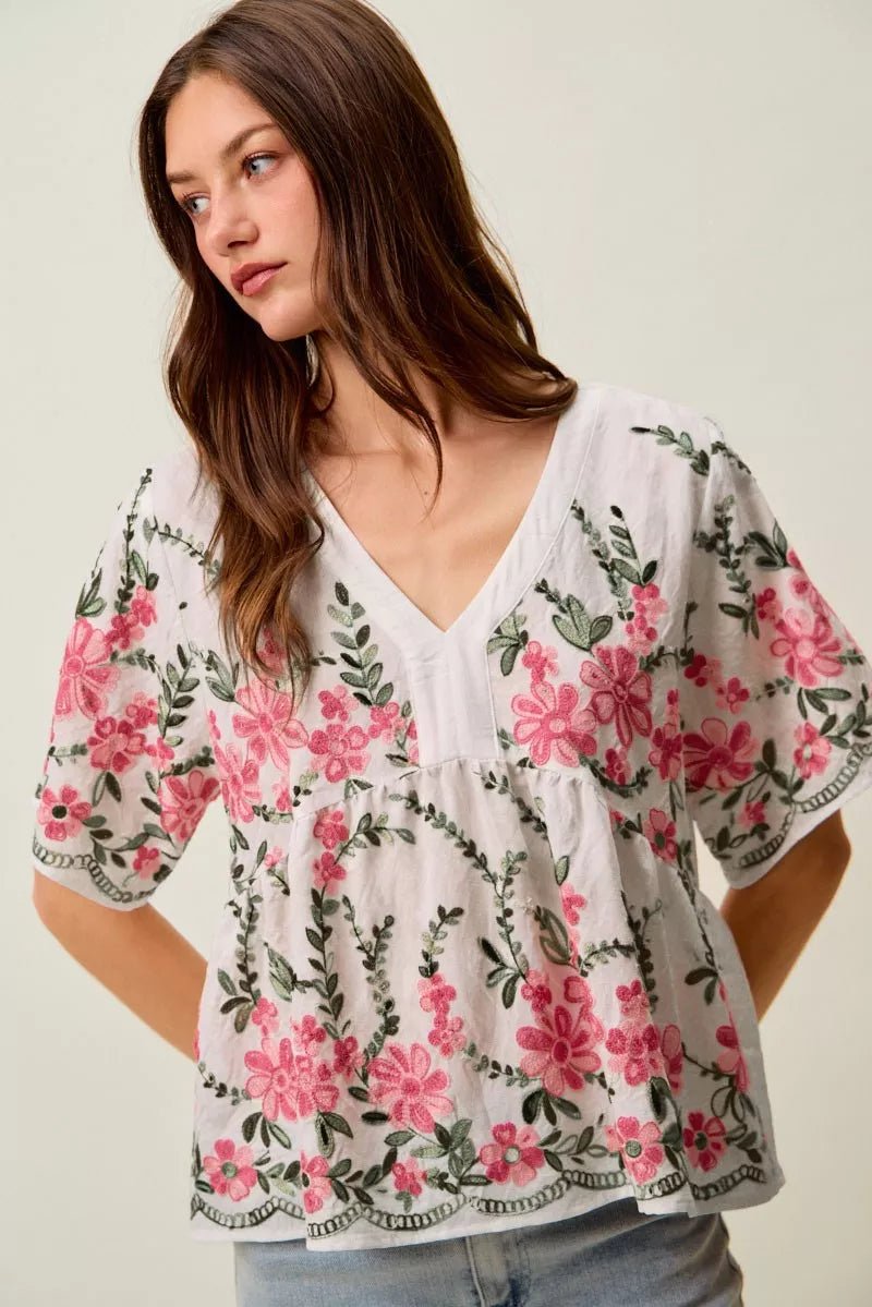 SO ME Floral Embroidered V Neck Boho Blouse Top - Bitsy Gypsy Boutique