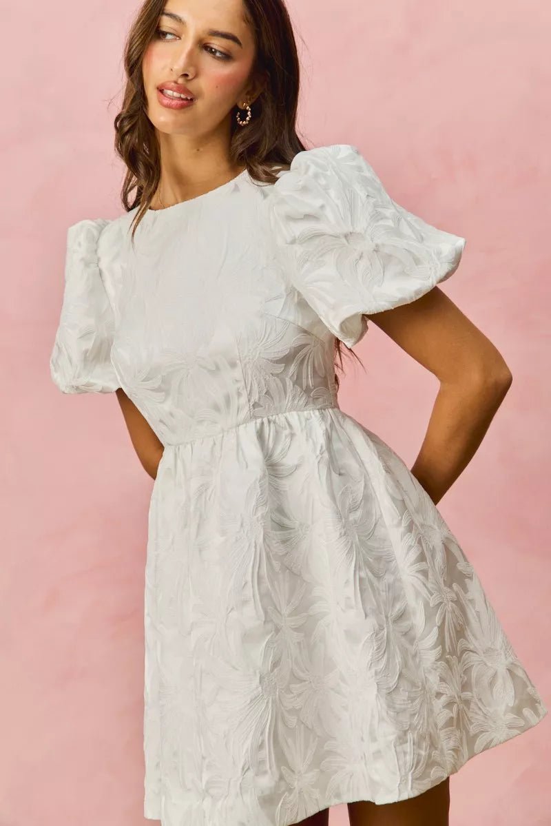 SO ME Floral Jacquard Bubble Shorts Sleeves Mini Dress - Bitsy Gypsy Boutique