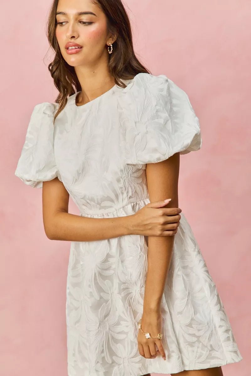 SO ME Floral Jacquard Bubble Shorts Sleeves Mini Dress - Bitsy Gypsy Boutique