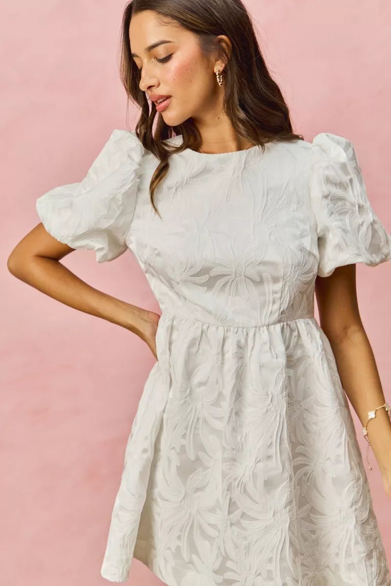 SO ME Floral Jacquard Bubble Shorts Sleeves Mini Dress - Bitsy Gypsy Boutique