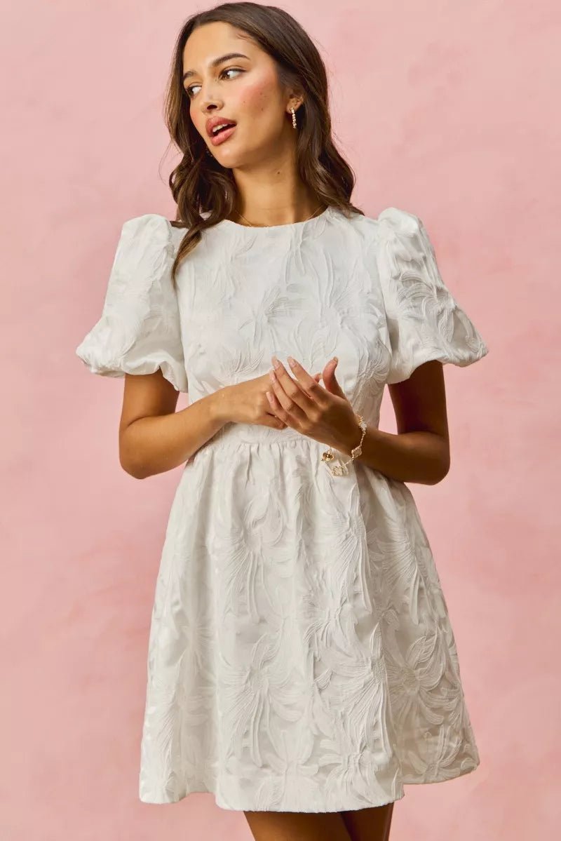 SO ME Floral Jacquard Bubble Shorts Sleeves Mini Dress - Bitsy Gypsy Boutique
