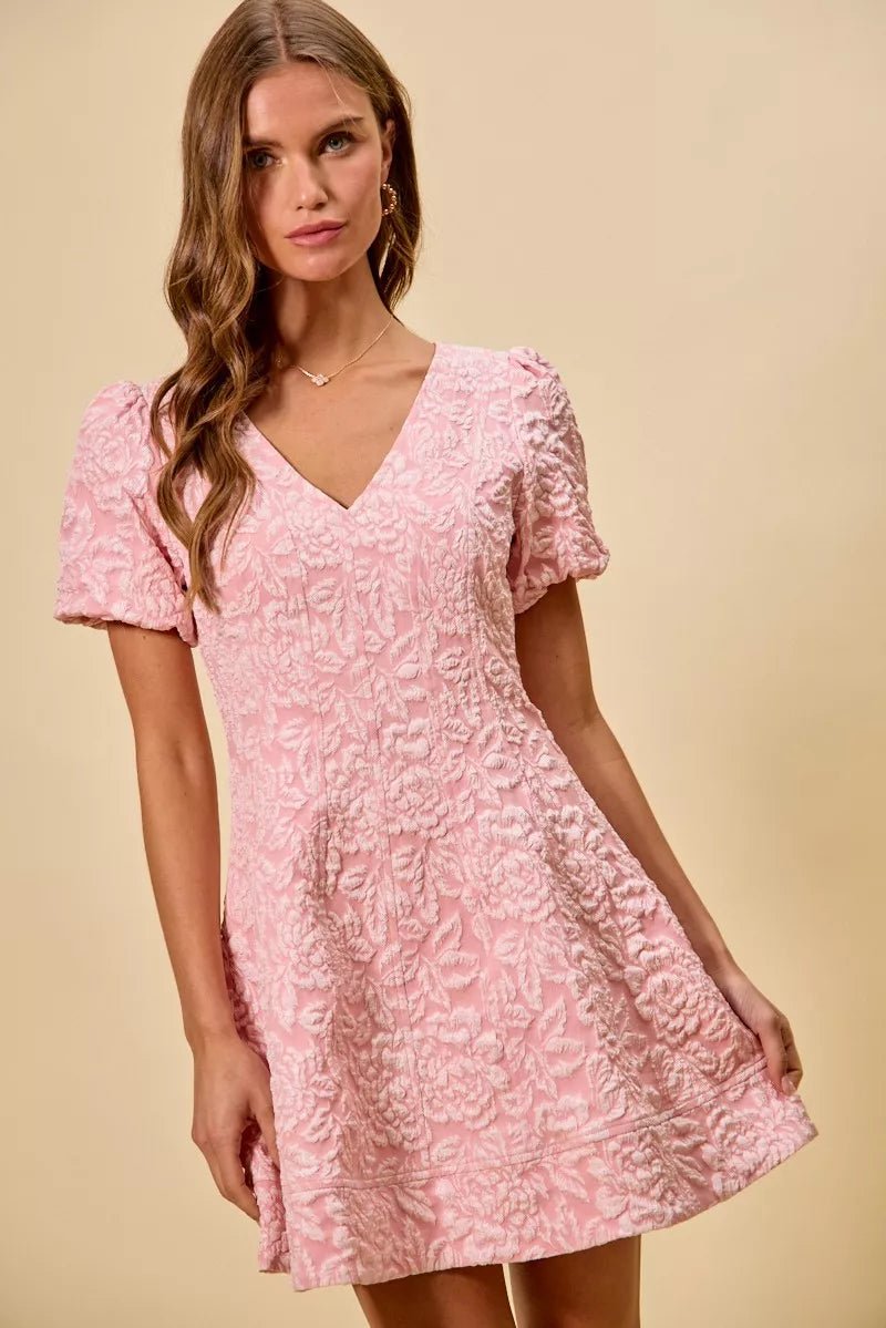 SO ME Floral Jacquard Fit And Flare Daily Mini Dress - Bitsy Gypsy Boutique