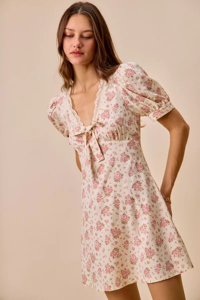 SO ME Floral Lace Trimed Short Sleeves Mini Dress - Bitsy Gypsy Boutique