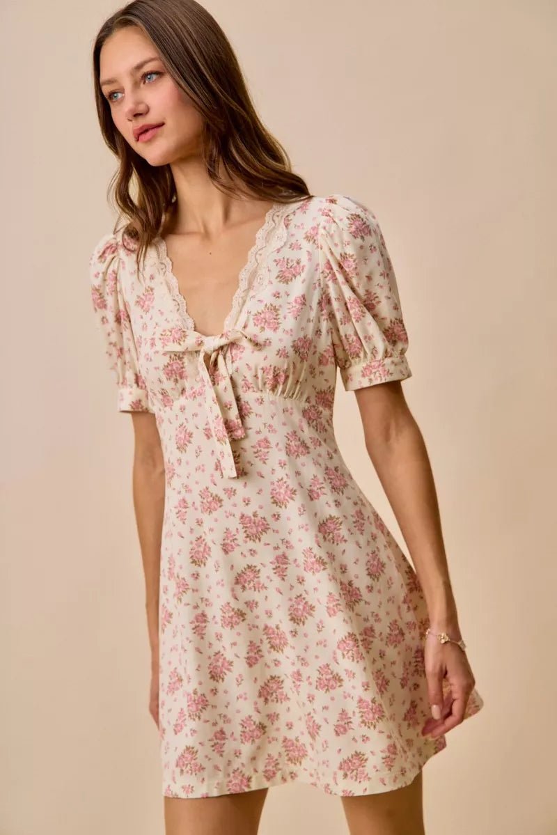 SO ME Floral Lace Trimed Short Sleeves Mini Dress - Bitsy Gypsy Boutique