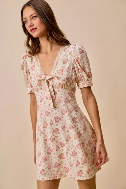 SO ME Floral Lace Trimed Short Sleeves Mini Dress - Bitsy Gypsy Boutique
