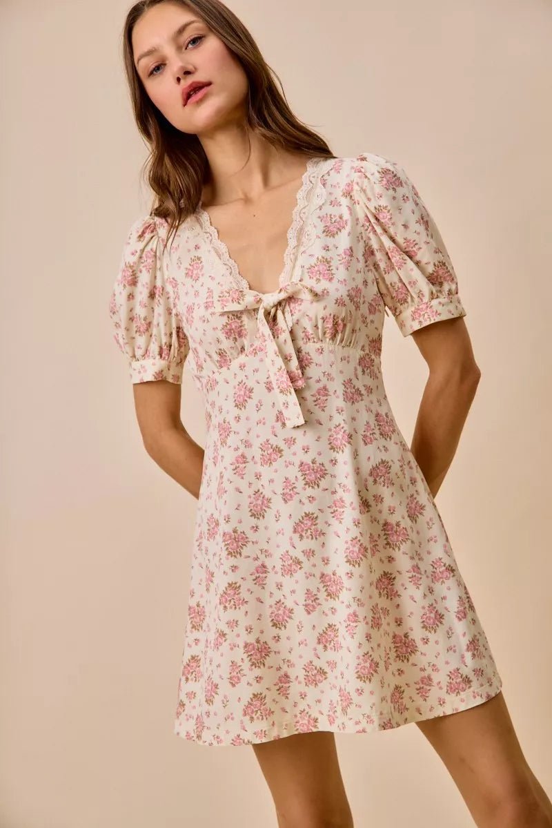 SO ME Floral Lace Trimed Short Sleeves Mini Dress - Bitsy Gypsy Boutique
