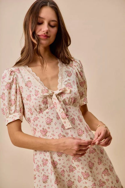 SO ME Floral Lace Trimed Short Sleeves Mini Dress - Bitsy Gypsy Boutique