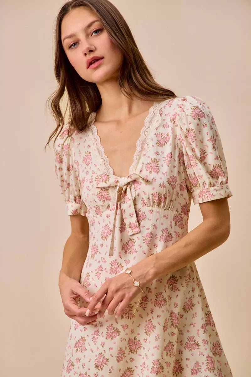 SO ME Floral Lace Trimed Short Sleeves Mini Dress - Bitsy Gypsy Boutique