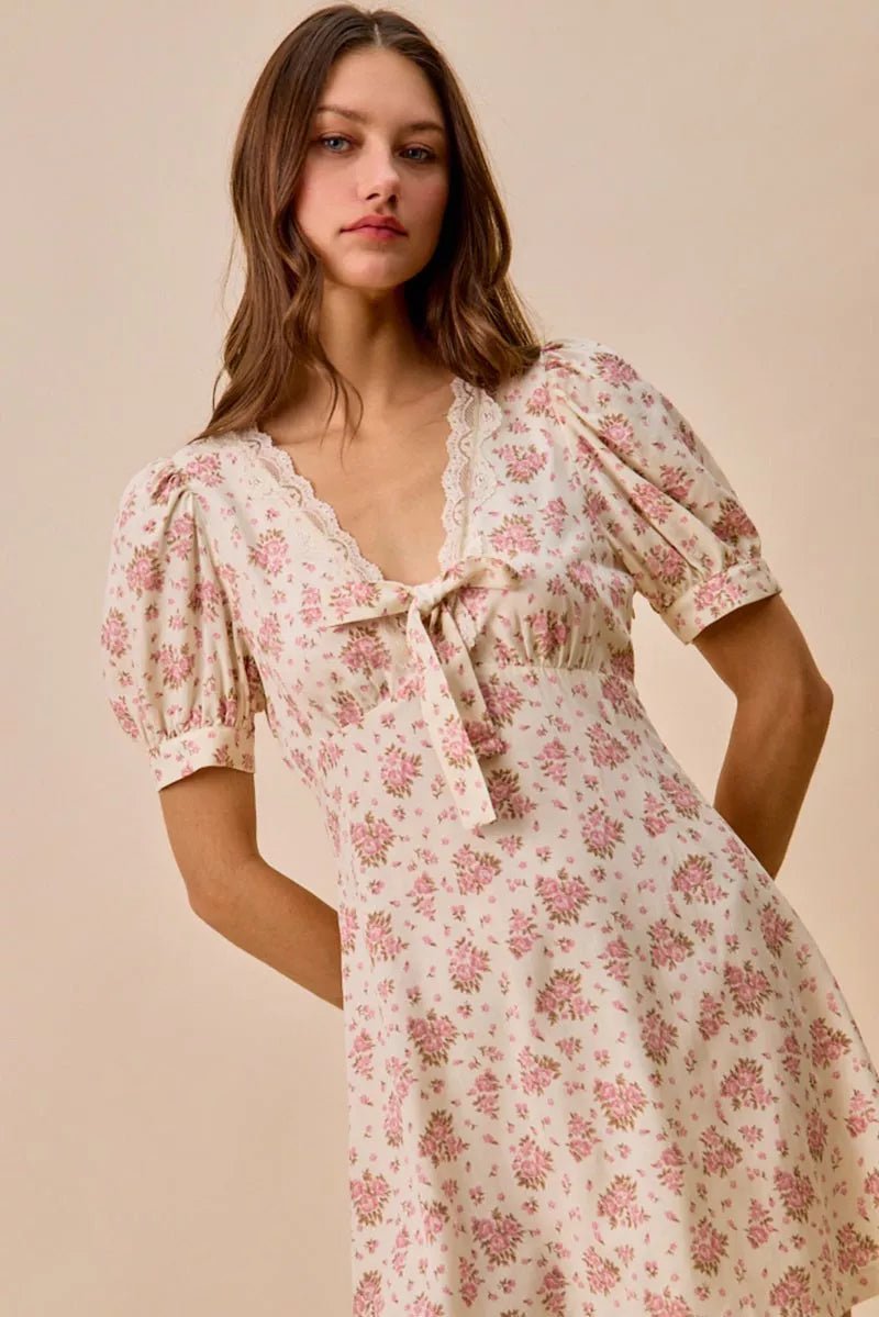 SO ME Floral Lace Trimed Short Sleeves Mini Dress - Bitsy Gypsy Boutique
