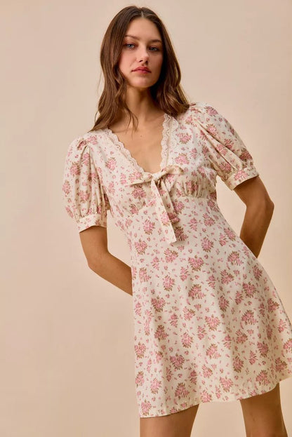 SO ME Floral Lace Trimed Short Sleeves Mini Dress - Bitsy Gypsy Boutique