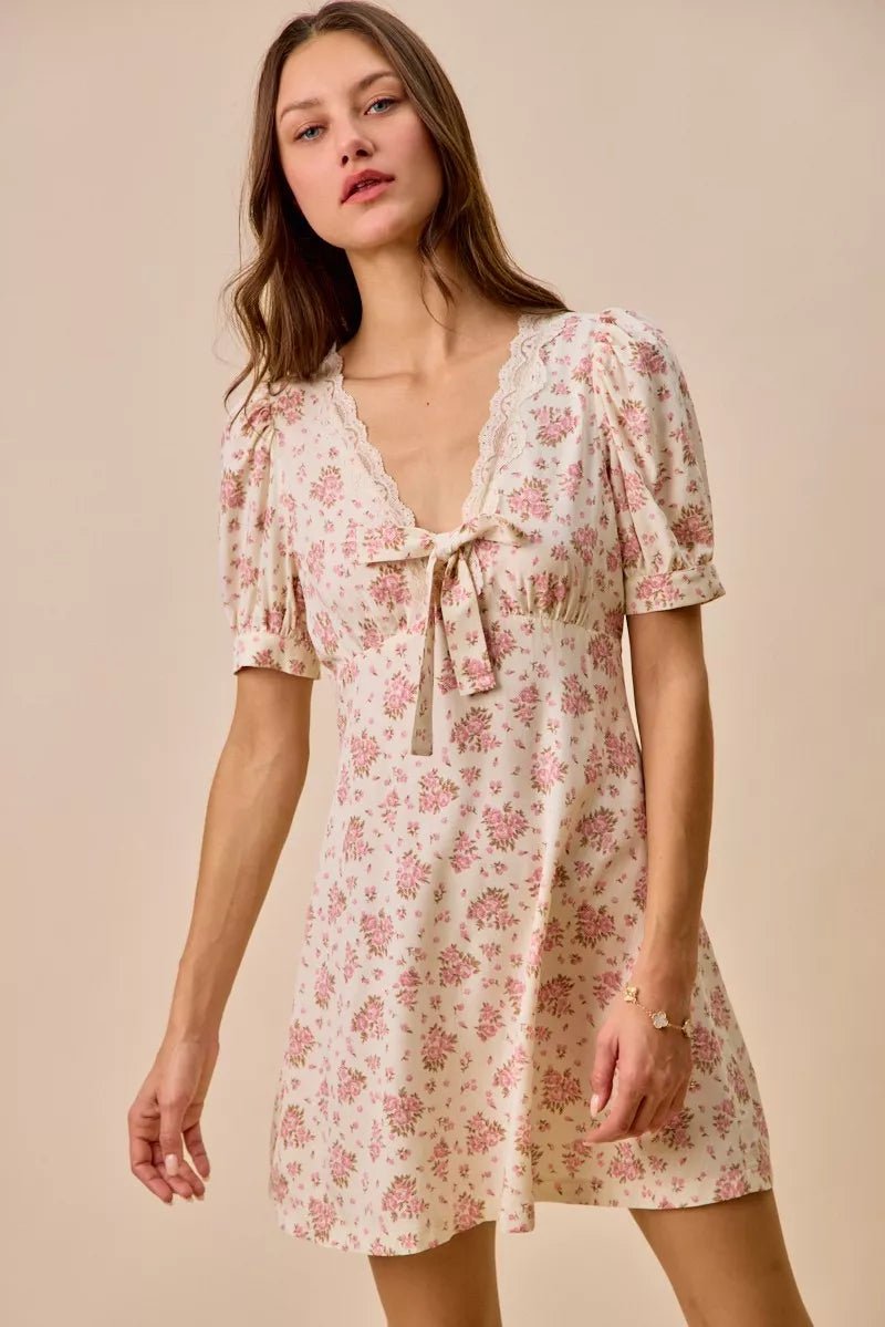 SO ME Floral Lace Trimed Short Sleeves Mini Dress - Bitsy Gypsy Boutique