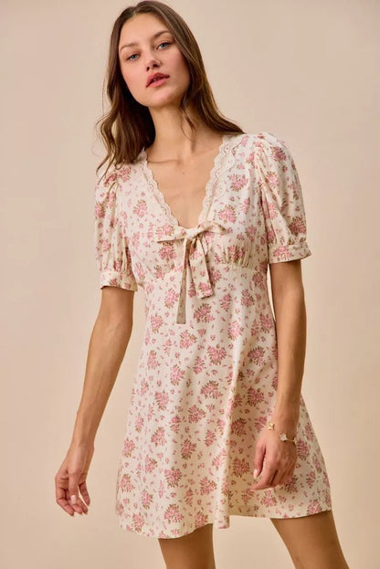 SO ME Floral Lace Trimed Short Sleeves Mini Dress - Bitsy Gypsy Boutique
