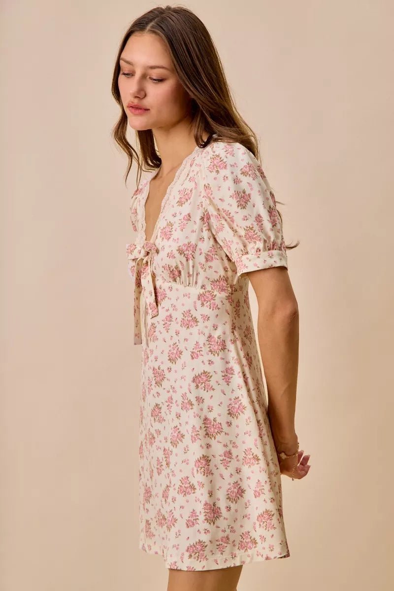 SO ME Floral Lace Trimed Short Sleeves Mini Dress - Bitsy Gypsy Boutique