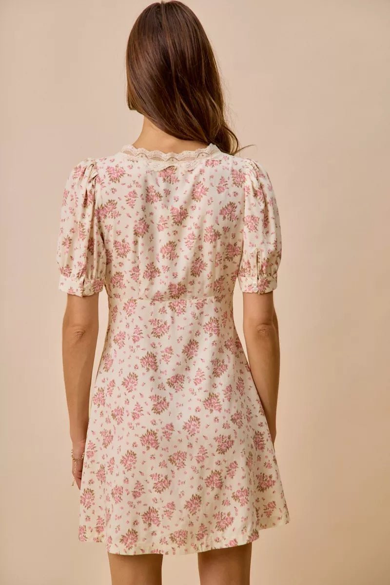 SO ME Floral Lace Trimed Short Sleeves Mini Dress - Bitsy Gypsy Boutique