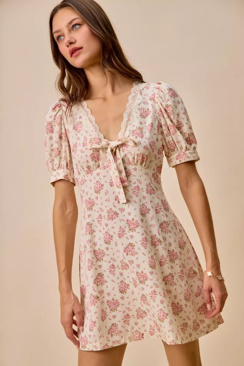 SO ME Floral Lace Trimed Short Sleeves Mini Dress - Bitsy Gypsy Boutique