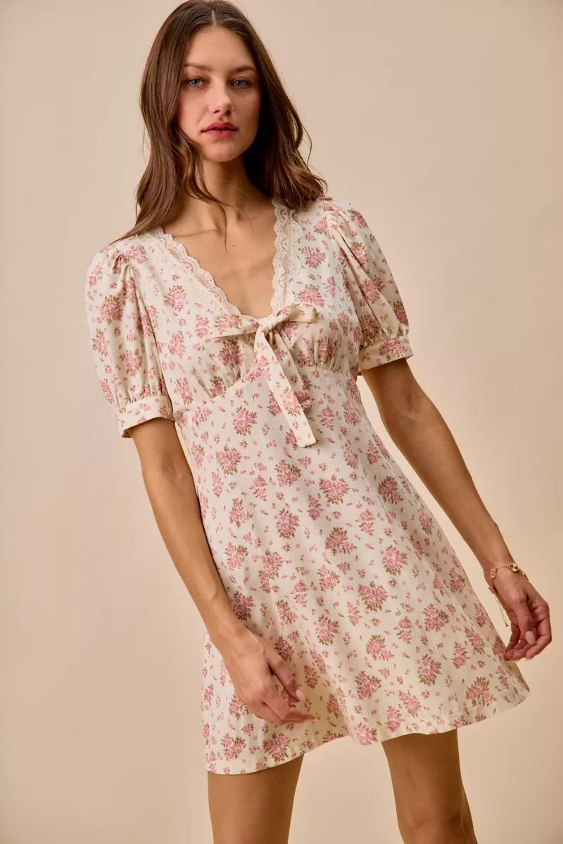 SO ME Floral Lace Trimed Short Sleeves Mini Dress - Bitsy Gypsy Boutique