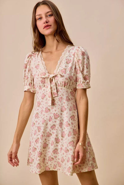 SO ME Floral Lace Trimed Short Sleeves Mini Dress - Bitsy Gypsy Boutique