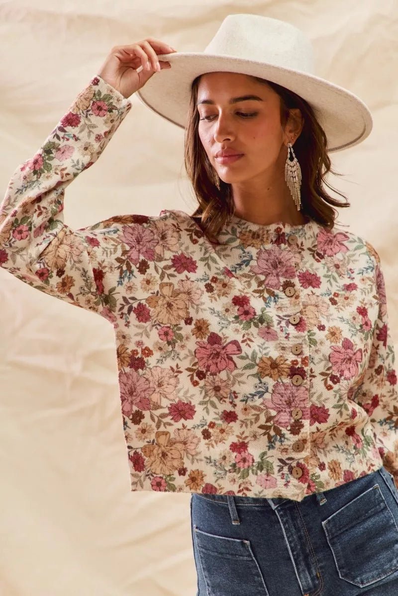 SO ME Floral Print Button Front Sweater Cardigan - Bitsy Gypsy Boutique