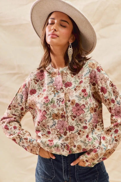 SO ME Floral Print Button Front Sweater Cardigan - Bitsy Gypsy Boutique