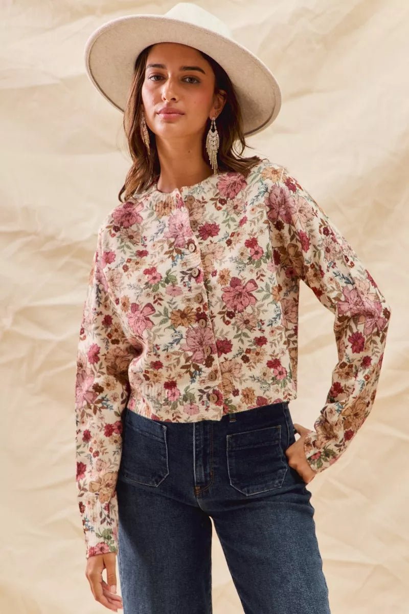 SO ME Floral Print Button Front Sweater Cardigan - Bitsy Gypsy Boutique