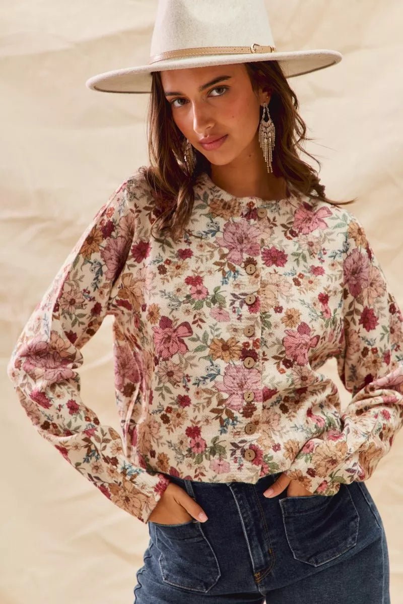 SO ME Floral Print Button Front Sweater Cardigan - Bitsy Gypsy Boutique
