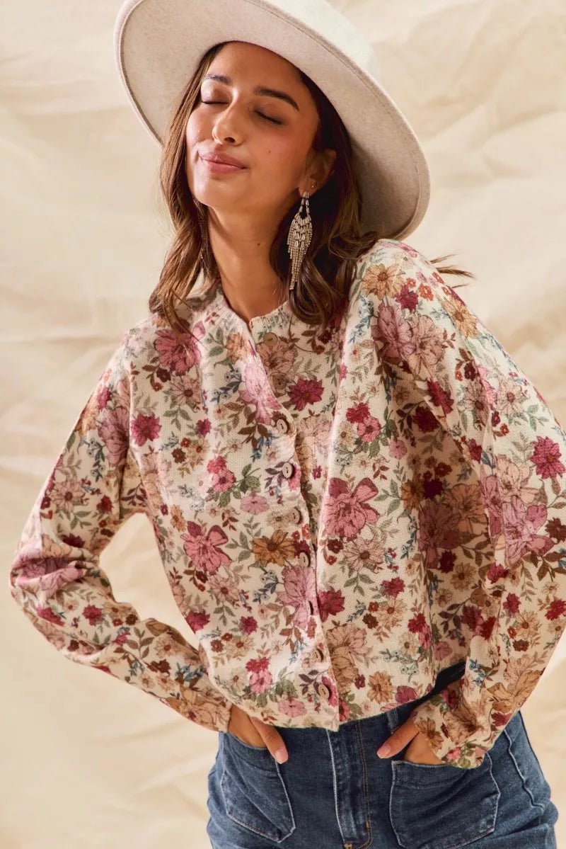SO ME Floral Print Button Front Sweater Cardigan - Bitsy Gypsy Boutique
