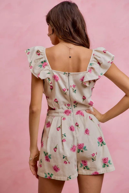 SO ME Floral Print Denim Cut Out Waist Ruffled Romper - Bitsy Gypsy Boutique