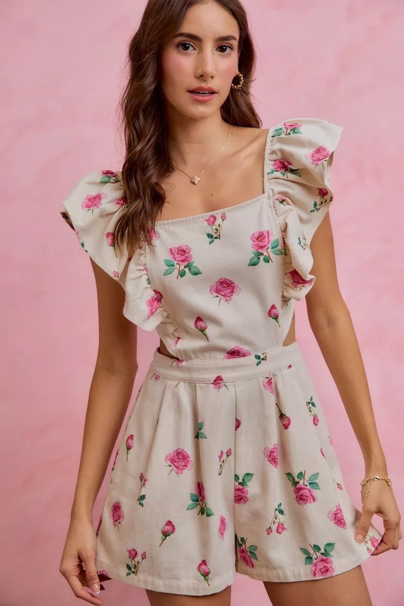 SO ME Floral Print Denim Cut Out Waist Ruffled Romper - Bitsy Gypsy Boutique