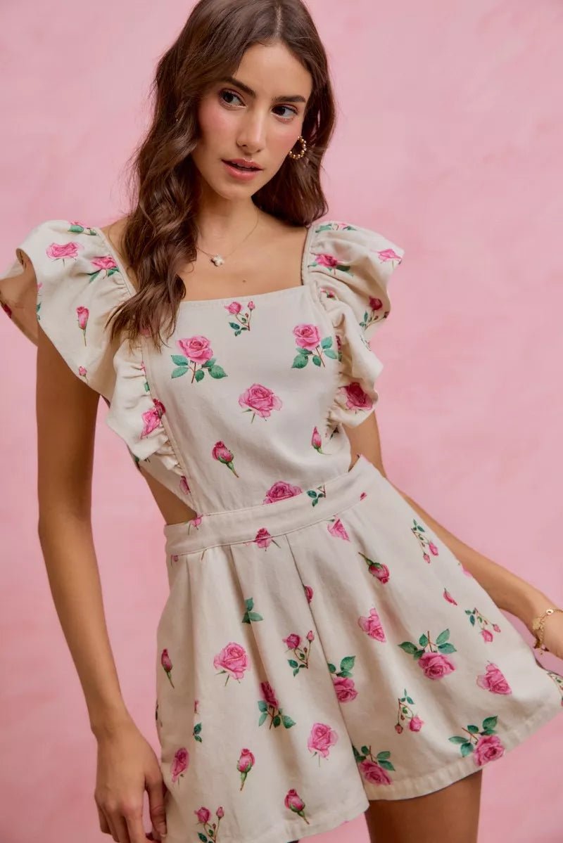 SO ME Floral Print Denim Cut Out Waist Ruffled Romper - Bitsy Gypsy Boutique