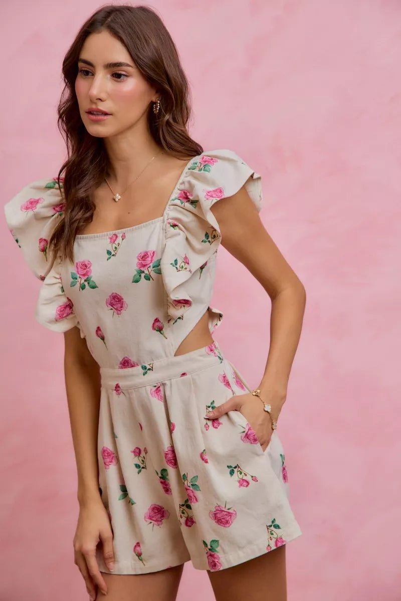 SO ME Floral Print Denim Cut Out Waist Ruffled Romper - Bitsy Gypsy Boutique