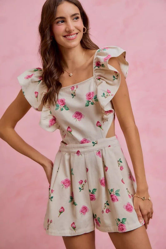 SO ME Floral Print Denim Cut Out Waist Ruffled Romper - Bitsy Gypsy Boutique