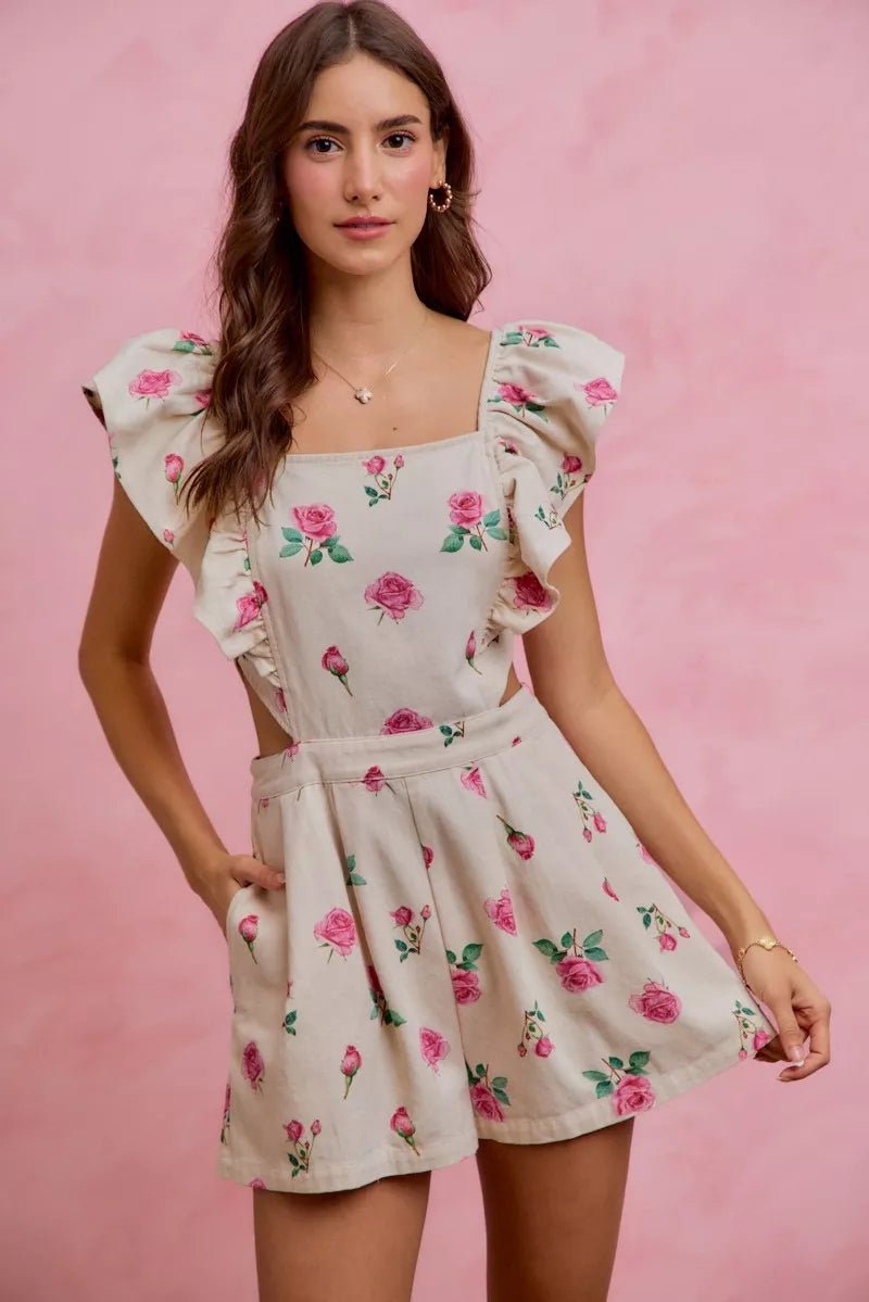 SO ME Floral Print Denim Cut Out Waist Ruffled Romper - Bitsy Gypsy Boutique