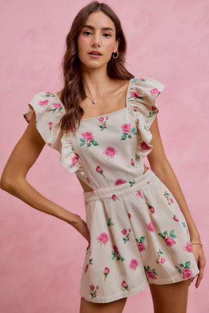 SO ME Floral Print Denim Cut Out Waist Ruffled Romper - Bitsy Gypsy Boutique