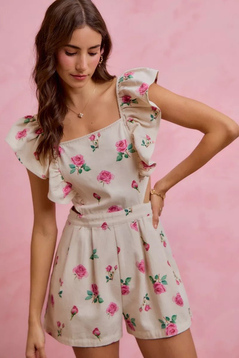 SO ME Floral Print Denim Cut Out Waist Ruffled Romper - Bitsy Gypsy Boutique