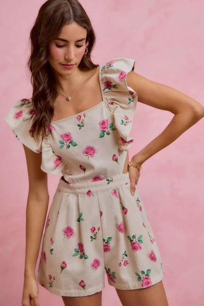 SO ME Floral Print Denim Cut Out Waist Ruffled Romper - Bitsy Gypsy Boutique