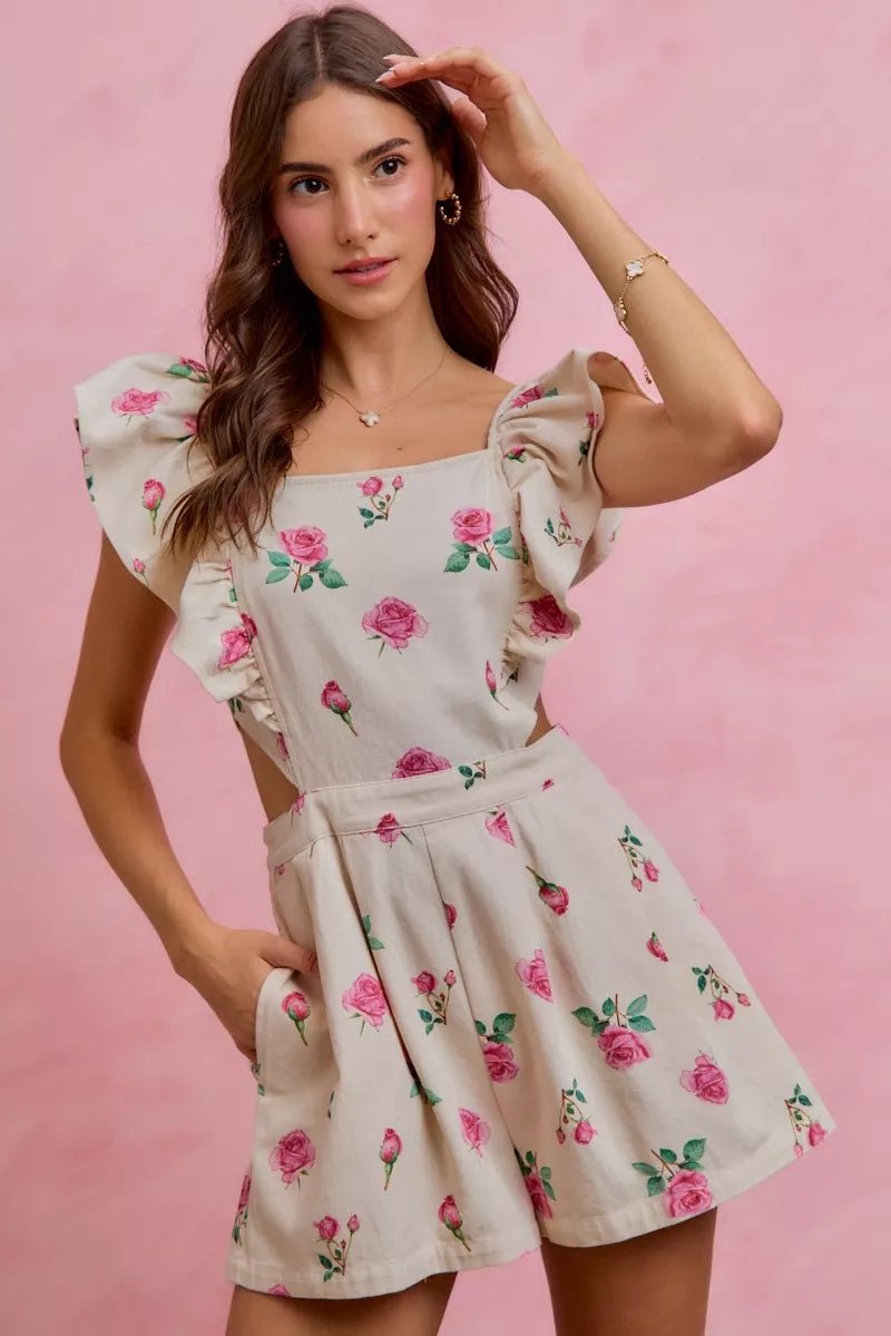 SO ME Floral Print Denim Cut Out Waist Ruffled Romper - Bitsy Gypsy Boutique