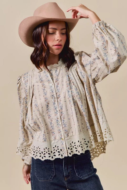 SO ME Floral Print Lace Button Down Shirt - Bitsy Gypsy Boutique