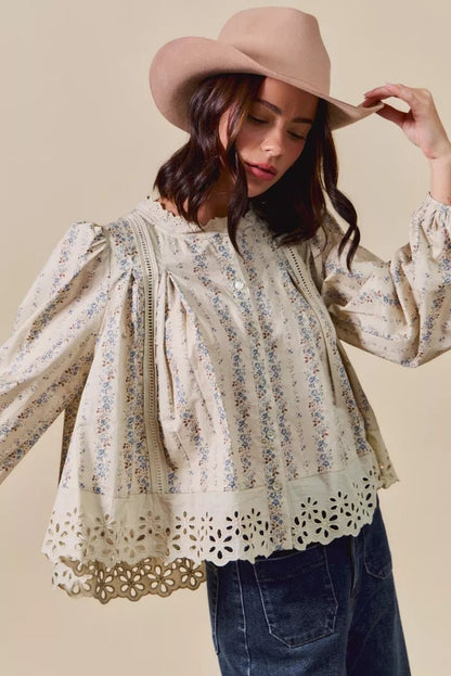 SO ME Floral Print Lace Button Down Shirt - Bitsy Gypsy Boutique