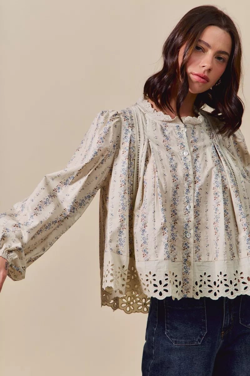 SO ME Floral Print Lace Button Down Shirt - Bitsy Gypsy Boutique