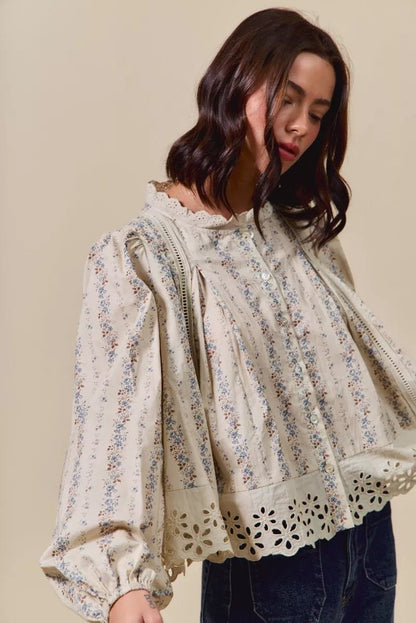 SO ME Floral Print Lace Button Down Shirt - Bitsy Gypsy Boutique