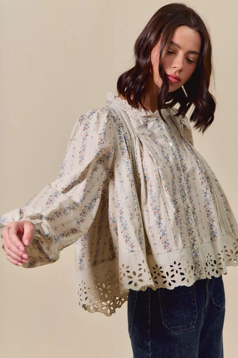 SO ME Floral Print Lace Button Down Shirt - Bitsy Gypsy Boutique