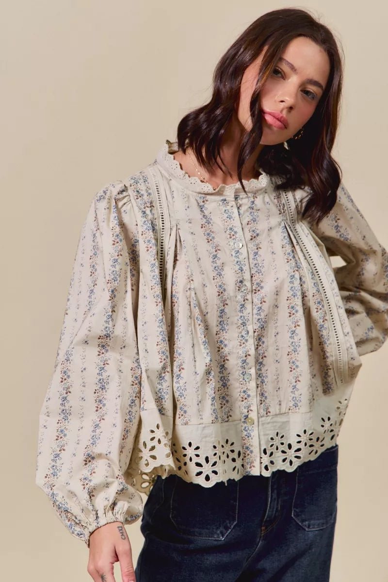 SO ME Floral Print Lace Button Down Shirt - Bitsy Gypsy Boutique