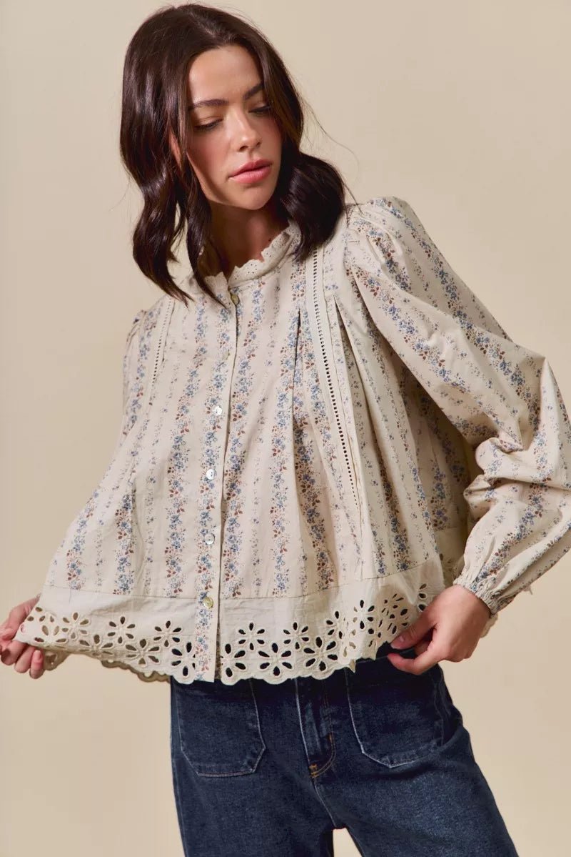 SO ME Floral Print Lace Button Down Shirt - Bitsy Gypsy Boutique