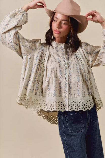 SO ME Floral Print Lace Button Down Shirt - Bitsy Gypsy Boutique