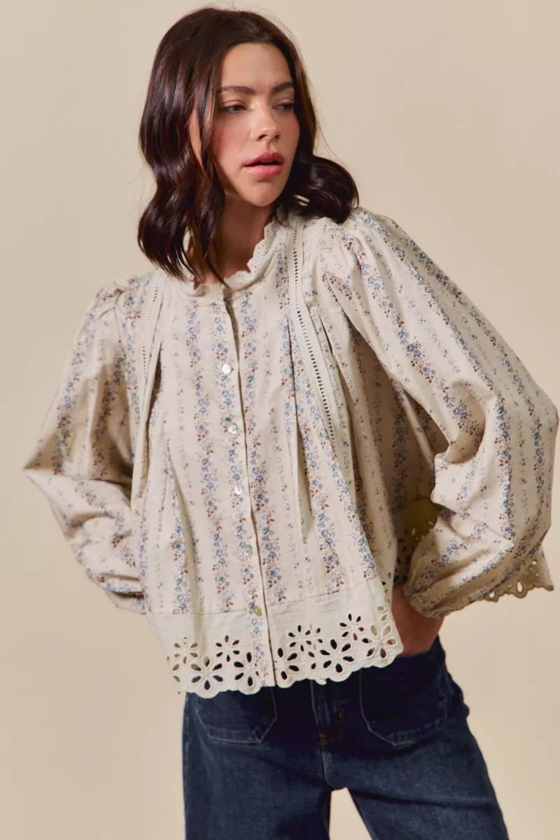 SO ME Floral Print Lace Button Down Shirt - Bitsy Gypsy Boutique