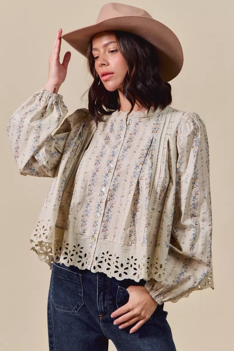 SO ME Floral Print Lace Button Down Shirt - Bitsy Gypsy Boutique