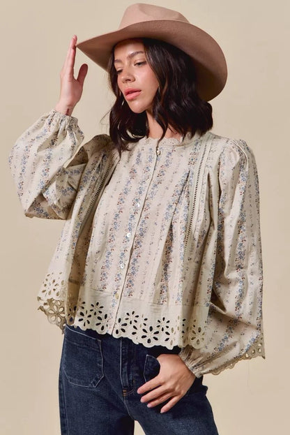 SO ME Floral Print Lace Button Down Shirt - Bitsy Gypsy Boutique